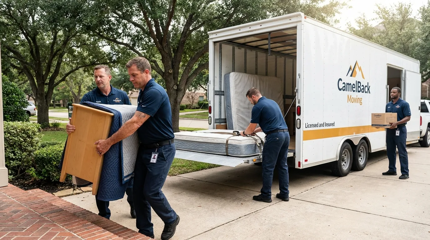 Crew loading residential truck for cross-state move from Clarion, IA