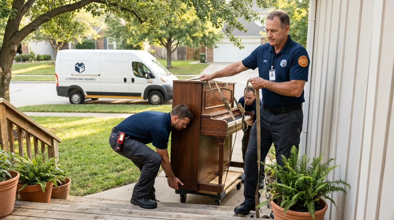 Licensed piano movers securing grand piano in Clarion, IA
