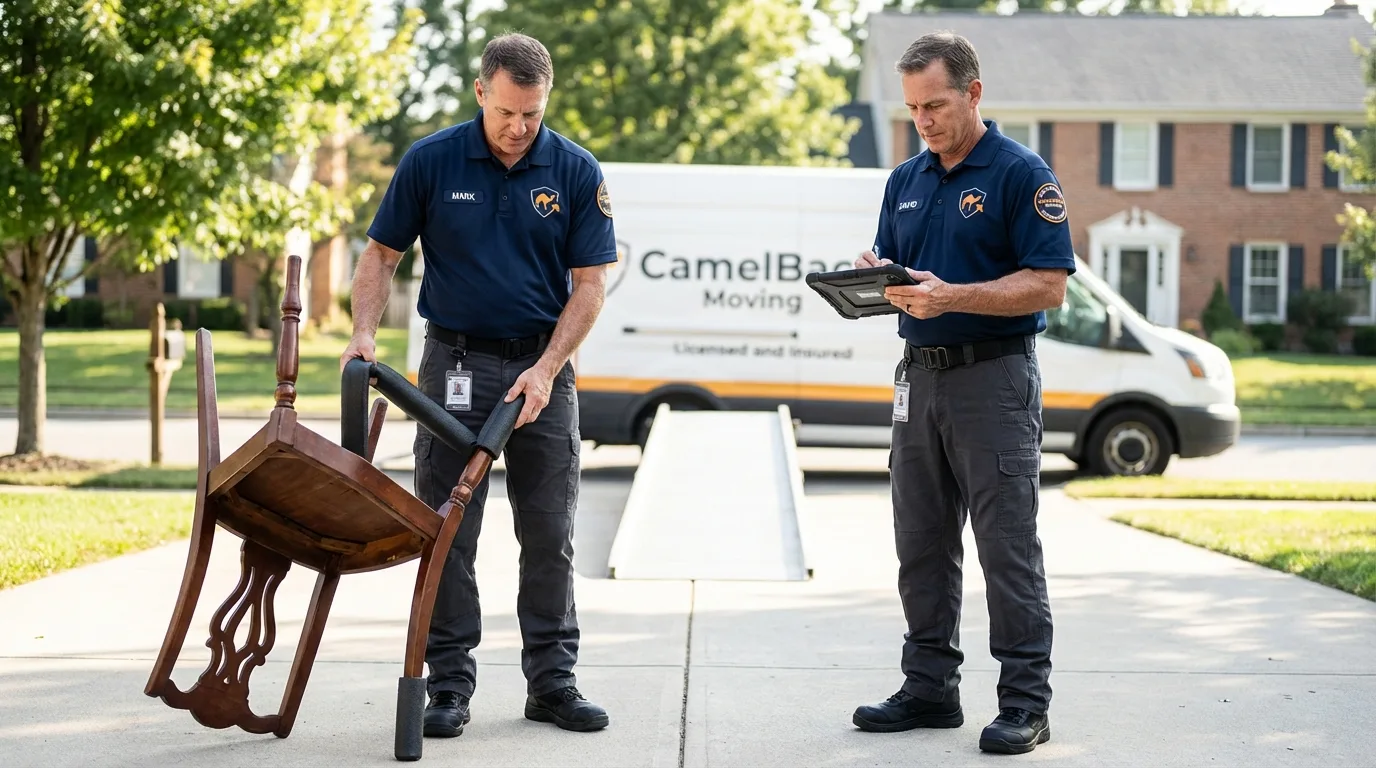 Movers inspecting furniture for damage prevention before loading in Clarion, IA