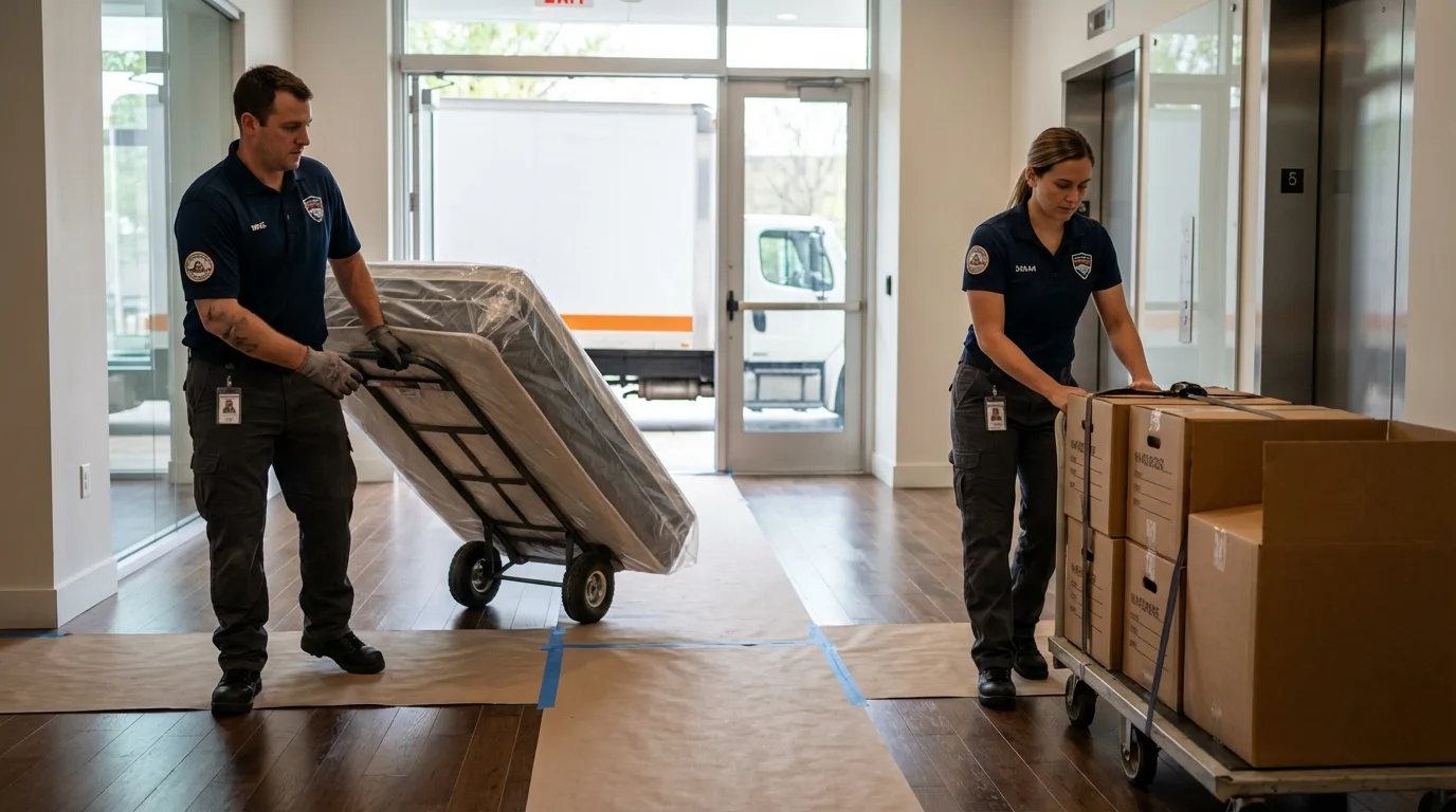Professional apartment movers loading elevator in Clarion, IA