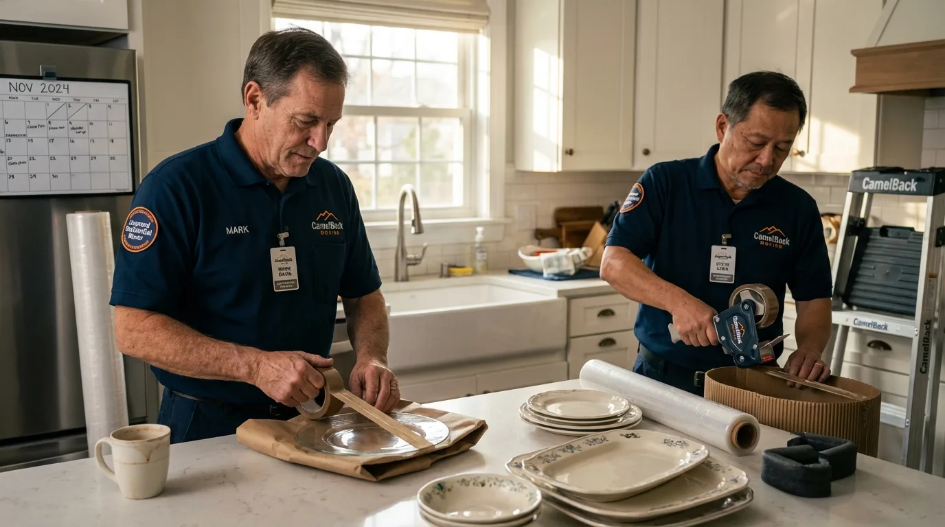 Professional crew packing kitchen dishware in Clarion, IA